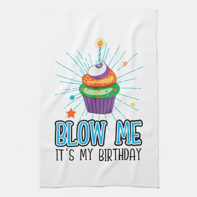Funny Cupcake Candle Blow Me It's My Birthday  Kitchen Towel (Vertical)