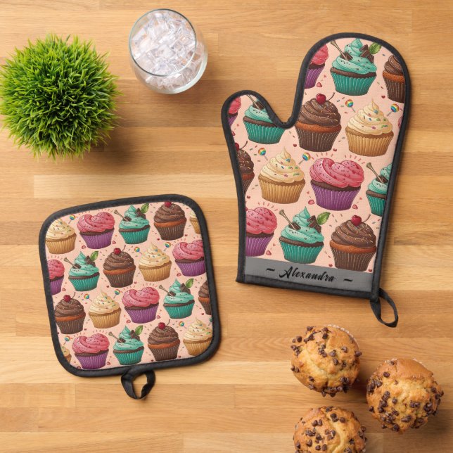 Funny Cupcakes (Personalized) Oven Mitt & Pot Holder Set (Top Down)