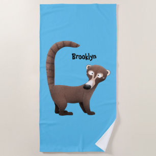 Funny curious coatimundi cartoon illustration beach towel