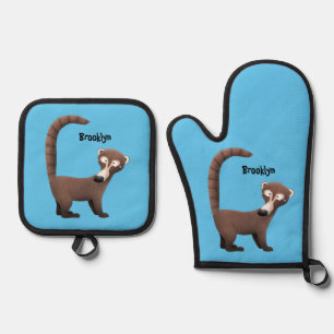 Funny curious coatimundi cartoon illustration oven mitt & pot holder set