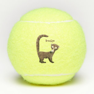 Funny curious coatimundi cartoon illustration tennis balls