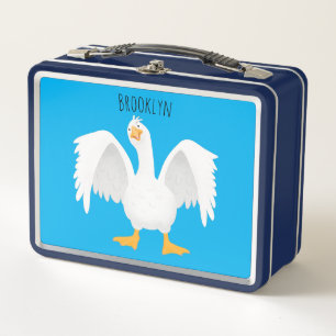 Funny curious domestic goose cartoon illustration metal lunch box