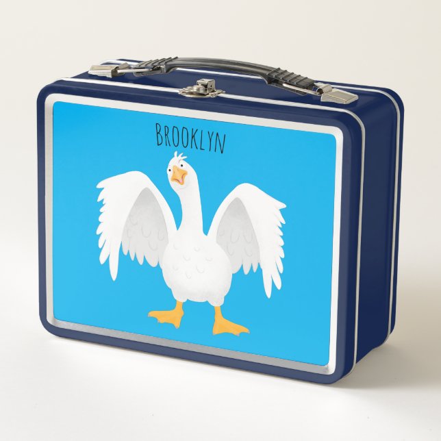 Funny curious domestic goose cartoon illustration metal lunch box (Front)