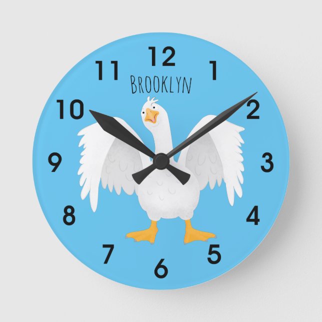 Funny curious domestic goose cartoon illustration round clock (Front)