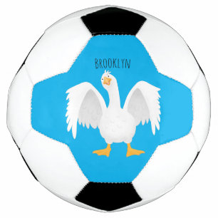 Funny curious domestic goose cartoon illustration soccer ball