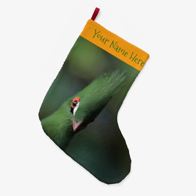 Funny Curious Guinea Turaco Green Bird Large Christmas Stocking (Front (Hanging))