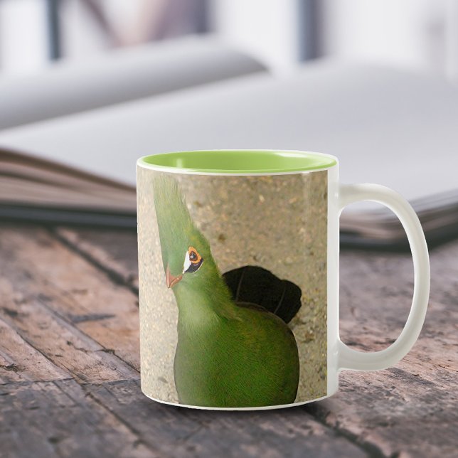Funny Curious Guinea Turaco Green Bird Two-Tone Coffee Mug (Funny Curious Guinea Turaco 11 oz Coffee Mug Cover Photo.)