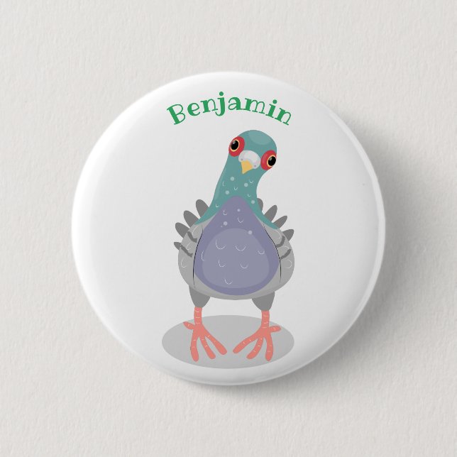 Funny curious pigeon cartoon illustration 2 inch round button (Front)