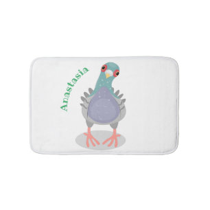 Funny curious pigeon cartoon illustration bath mat