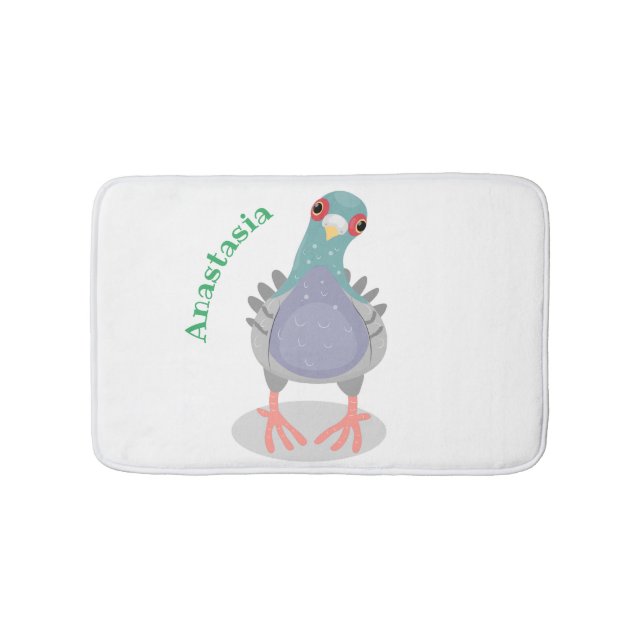 Funny curious pigeon cartoon illustration bath mat (Front)
