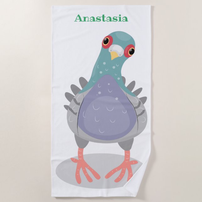 Funny curious pigeon cartoon illustration beach towel (Front)