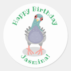 Funny curious pigeon cartoon illustration classic round sticker