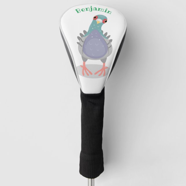 Funny curious pigeon cartoon illustration golf head cover (Front)