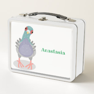 Funny curious pigeon cartoon illustration metal lunch box