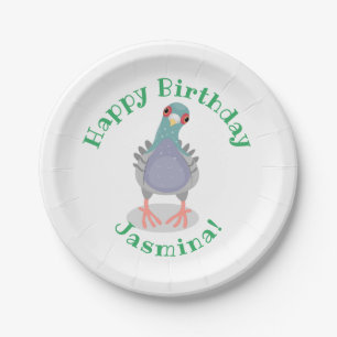 Funny curious pigeon cartoon illustration paper plate