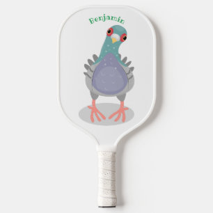 Funny curious pigeon cartoon illustration  pickleball paddle