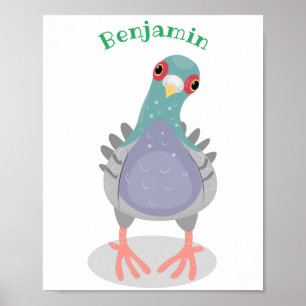 Funny curious pigeon cartoon illustration poster