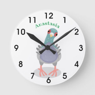Funny curious pigeon cartoon illustration round clock