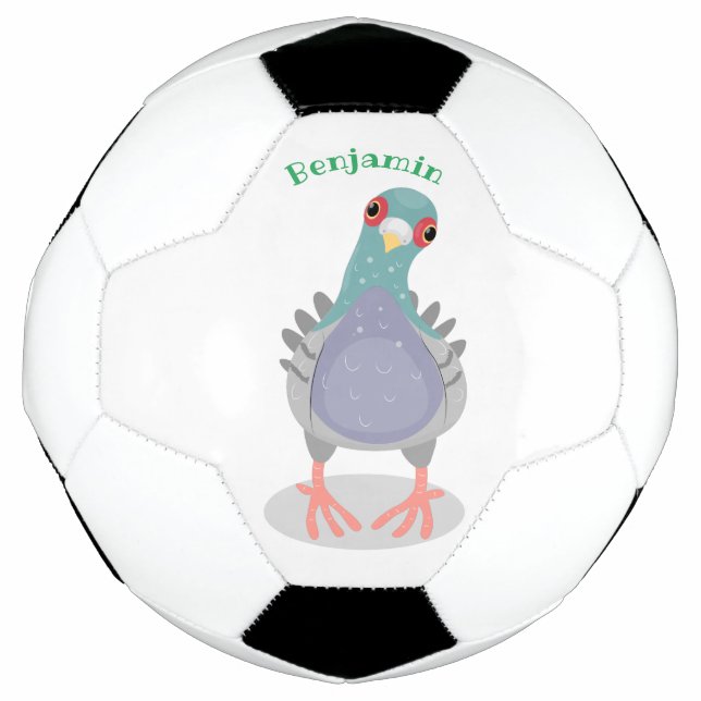 Funny curious pigeon cartoon illustration soccer ball (Front)