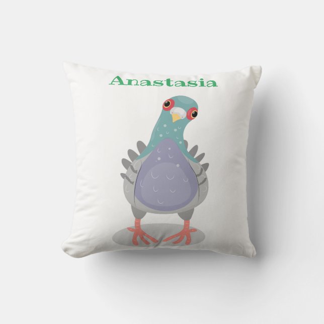 Funny curious pigeon cartoon illustration throw pillow (Front)
