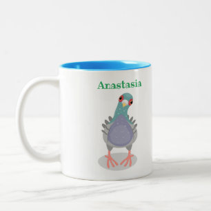 Funny curious pigeon cartoon illustration Two-Tone coffee mug