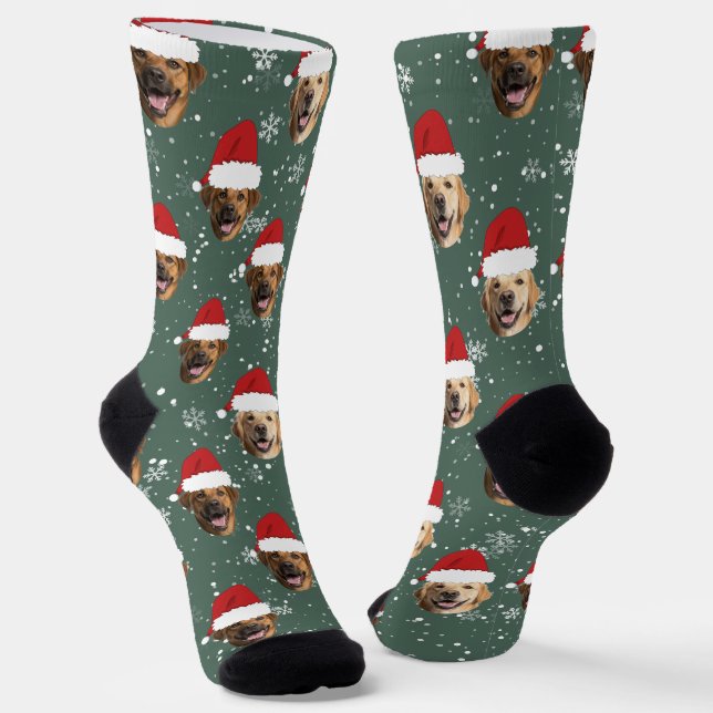 Funny Custom 3 Dog Faces Christmas Santa Hats Socks (Angled)