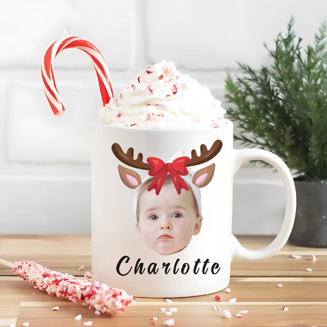 Funny Custom Baby Face Photo Christmas Reindeer Coffee Mug (Creator Uploaded)