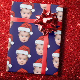 Funny Custom Baby Face Photo Santa Head Xmas Blue Wrapping Paper