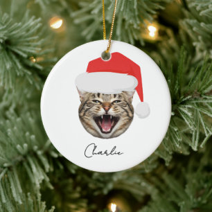 Funny Custom Cat Face & Name Santa Christmas Ceramic Ornament