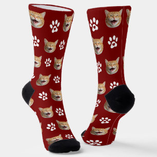Funny Custom Cat Photo with Paw Pattern Red Socks
