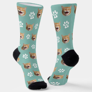Funny Custom Cat Photo with Paw Pattern Turquoise Socks