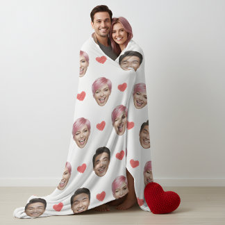 Funny Custom Couple Faces Pattern Red Hearts Fleece Blanket