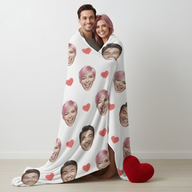 Funny Custom Couple Faces Pattern Red Hearts Fleece Blanket (Creator Uploaded)