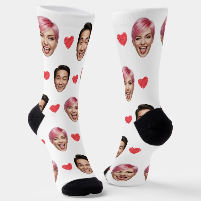 Funny Custom Couple Faces with Red Hearts Socks (Angled)