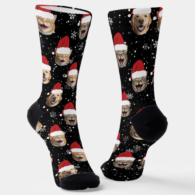 Funny Custom Dog Cat 3 Faces Christmas Santa Hats Socks (Angled)