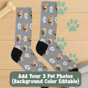 Funny Custom Dog & Cat 3 Photos with Paw Prints Socks