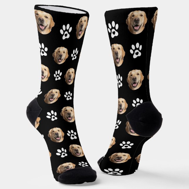 Funny Custom Dog Photo with Paw Pattern Black Socks (Angled)