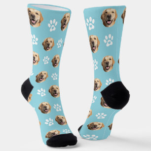 Funny Custom Dog Photo with Paw Pattern Turquoise Socks