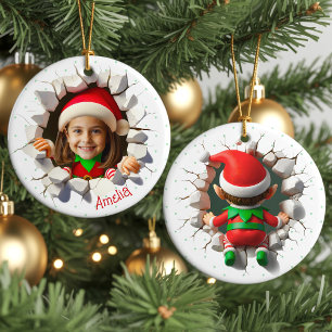 Funny Custom Face Photo Christmas Elf Name Holiday Ceramic Ornament
