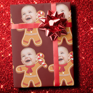 Funny Custom Face Photo Gingerbread Xmas baby Wrapping Paper