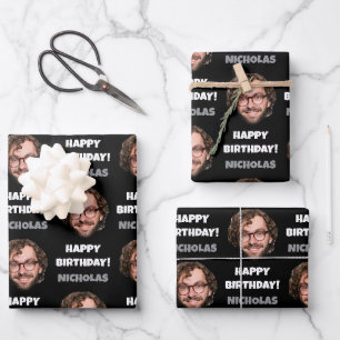 Funny Custom Face Photo Happy Birthday Black White Wrapping Paper Sheet