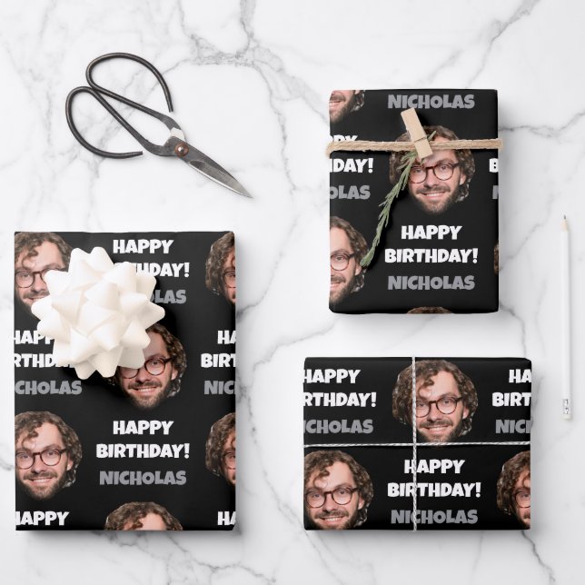 Funny Custom Face Photo Happy Birthday Black White Wrapping Paper Sheet (Front)
