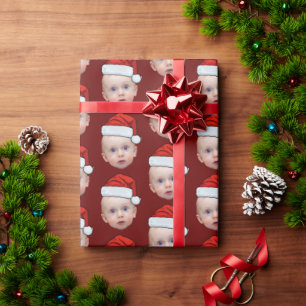 Funny Custom Face Photo Santa Hat Christmas Red Wrapping Paper