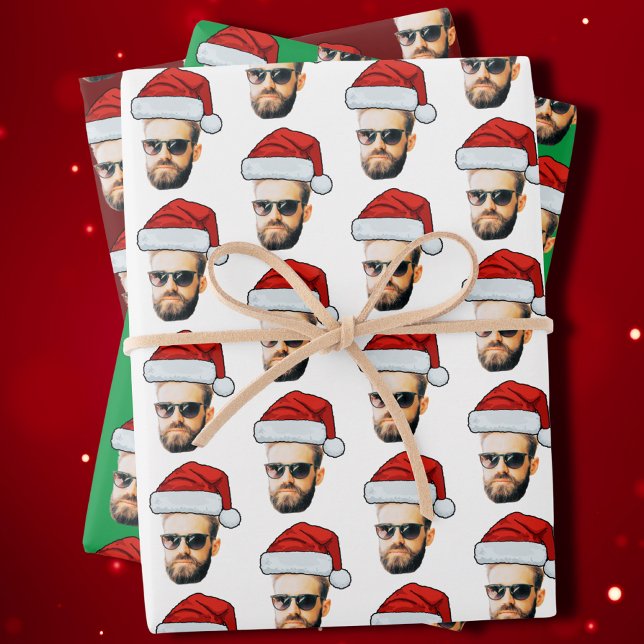 Funny Custom Face Photo Santa Hat Christmas Wrapping Paper Sheet (Creator Uploaded)