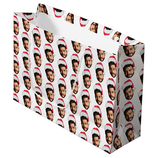 Funny Custom Face Photo Santa Head Christmas Large Gift Bag (Front Angled)