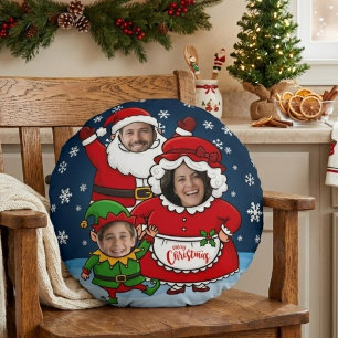 Funny Custom Face Santa Mrs Claus Elf Christmas Round Pillow
