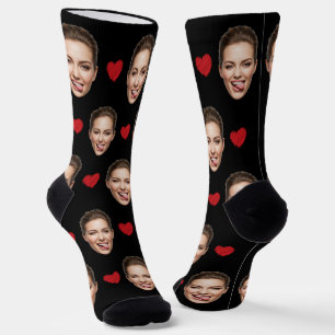 Funny Custom Face with Red Hearts on Black Socks