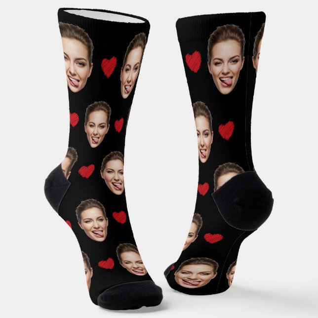 Funny Custom Face with Red Hearts on Black Socks (Angled)