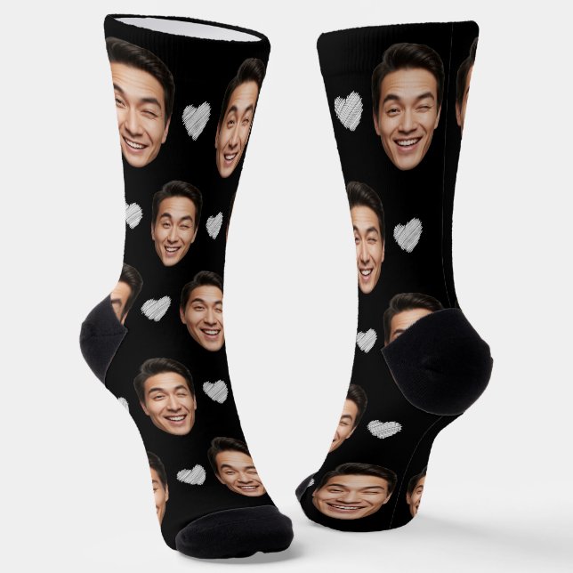 Funny Custom Face with White Hearts on Black Socks (Angled)