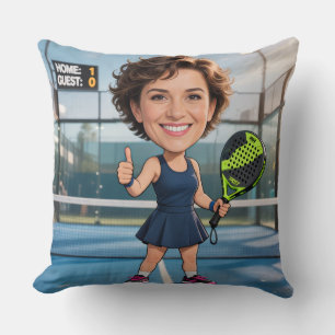 Funny Custom Head Blue Court Caricature Padel Throw Pillow